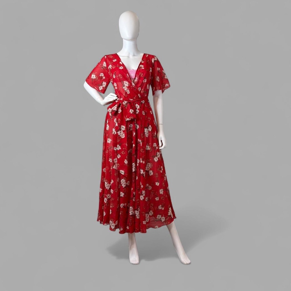 Indigo Rose Red Floral Chiffon Wrap Maxi Dress Size M Boho